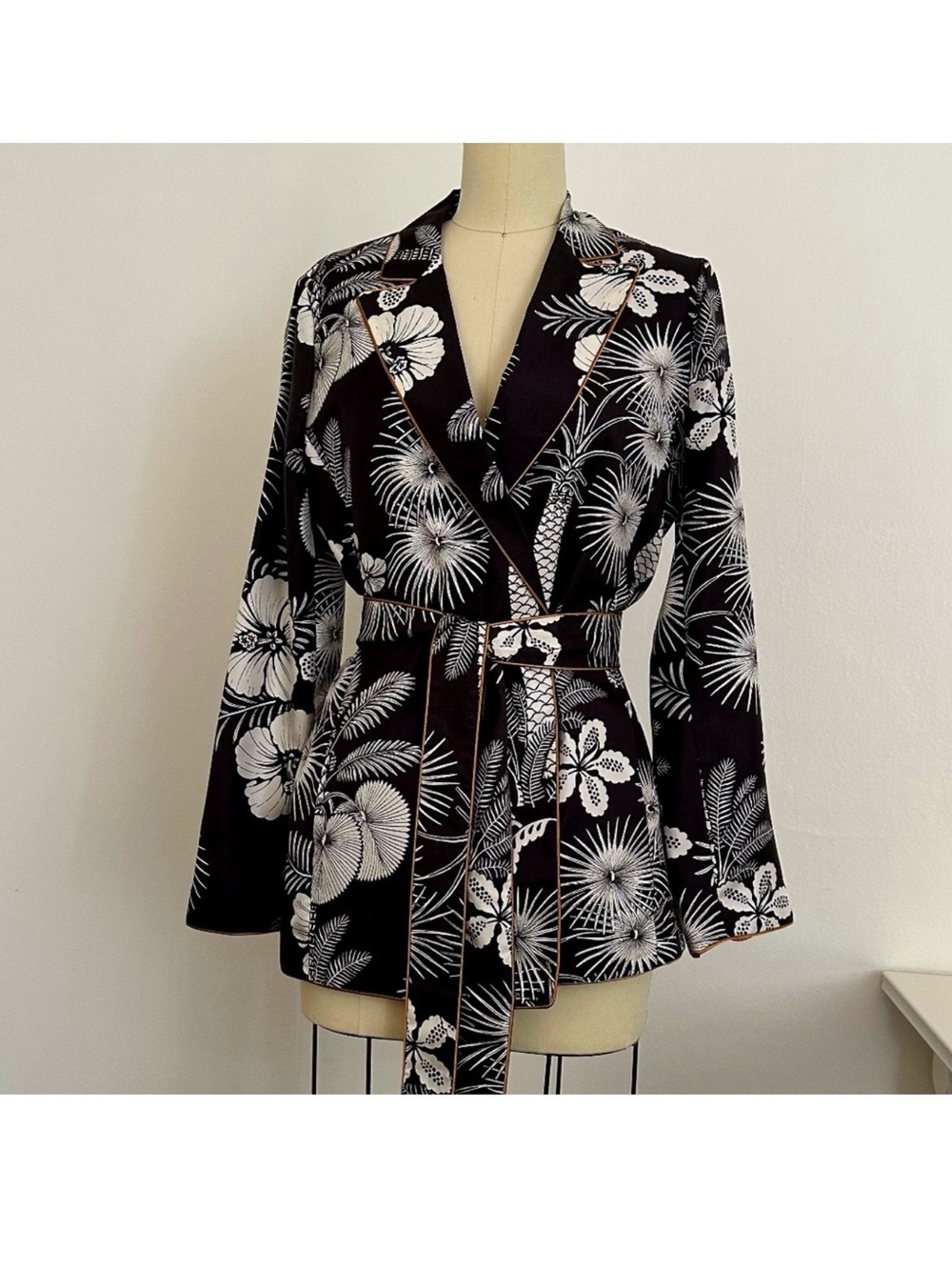 J. Crew Silk Black and White Floral Wrap Blazer and Pant Set